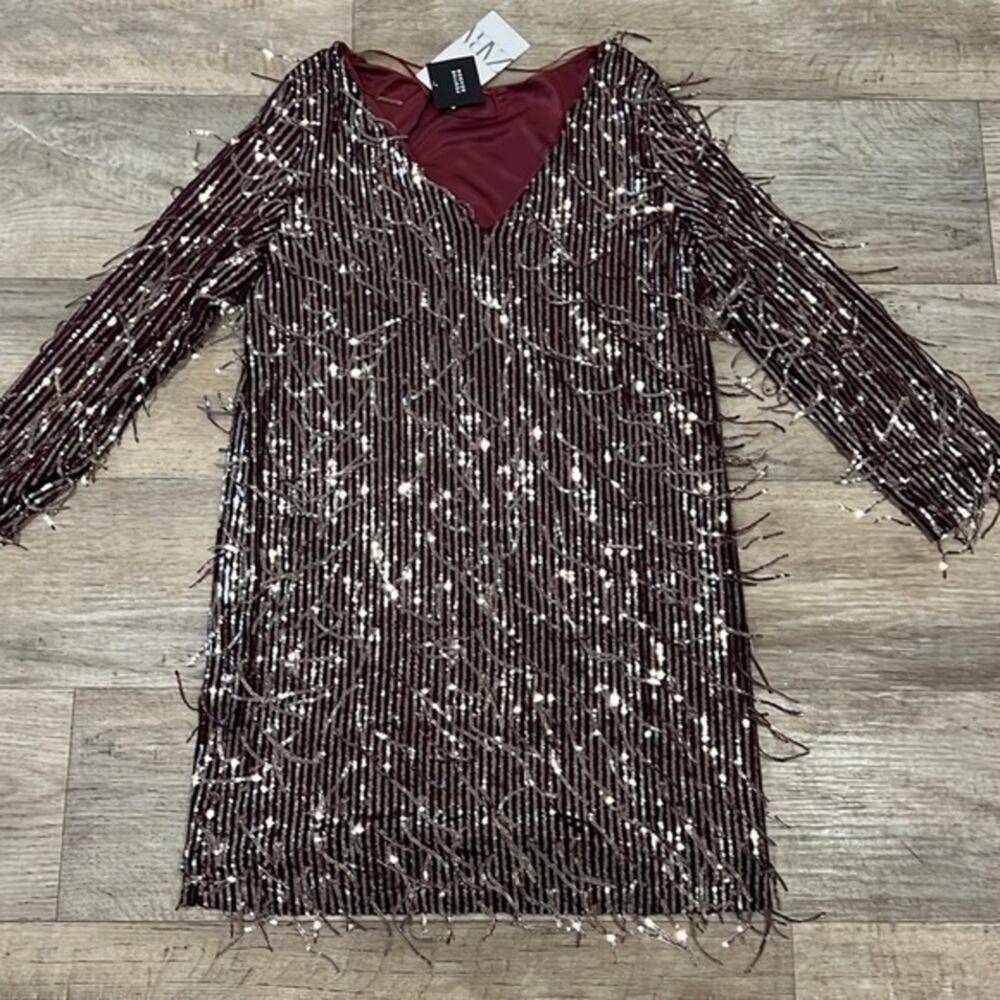 Zara NWT Burgundy Metallic Long Sleeve Party Mini Dress M - Picture 16 of 16
